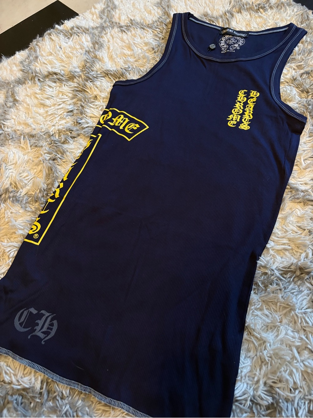 Chrome Hearts Navy Tank Top with Yellow Gothic Logos - Picture 2 of 5